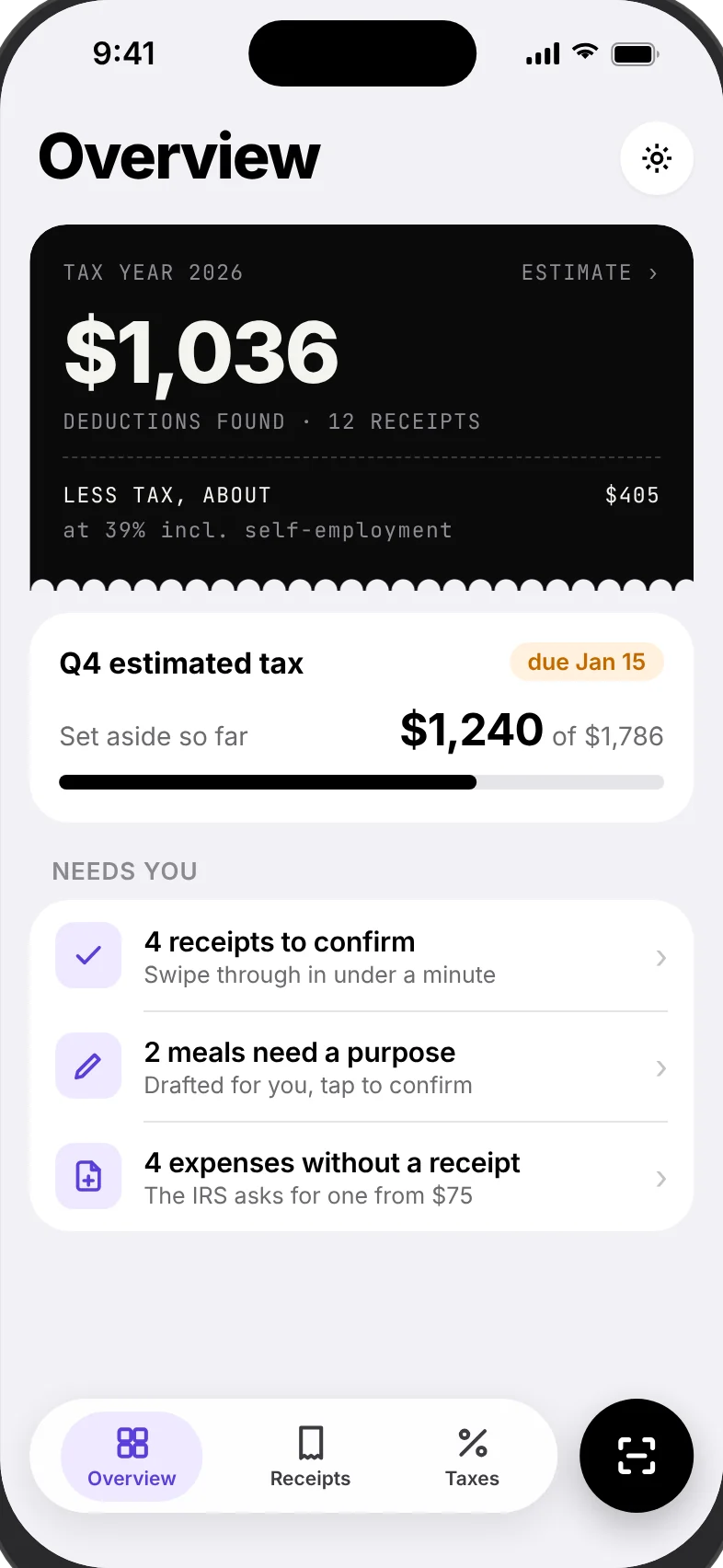 Totally Overview: $1,036 in deductions found from 12 receipts, Q4 estimated tax due Jan 15