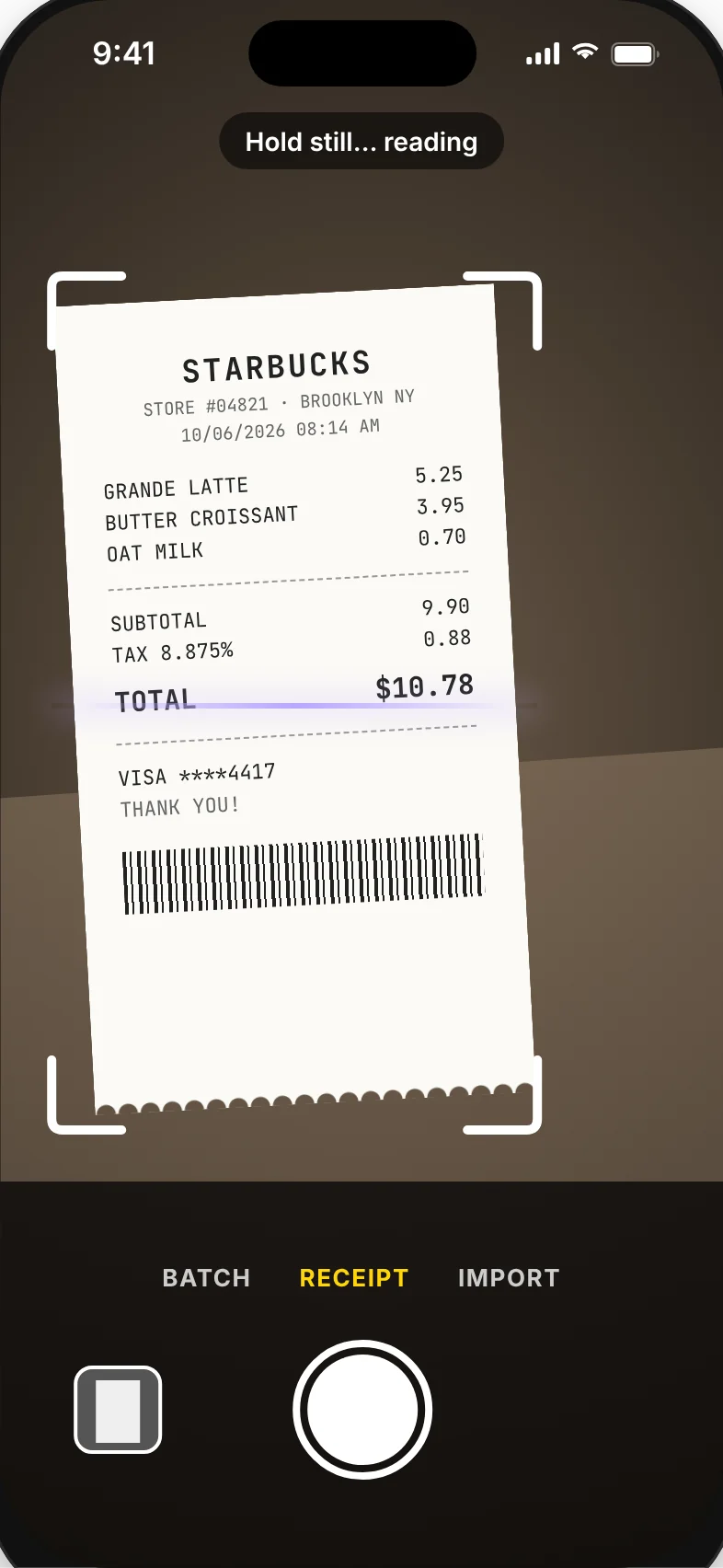Scanning a Starbucks receipt with the camera