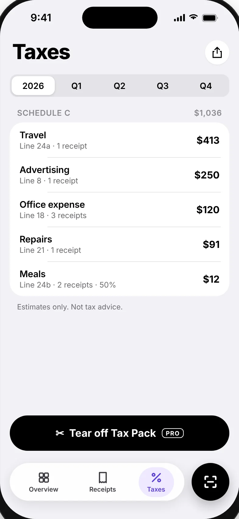 Taxes screen with Schedule C lines: Travel $413, Advertising $250, Office expense $120