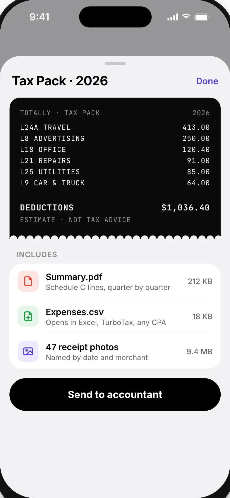 Tax Pack 2026 with Summary.pdf, Expenses.csv and 47 receipt photos