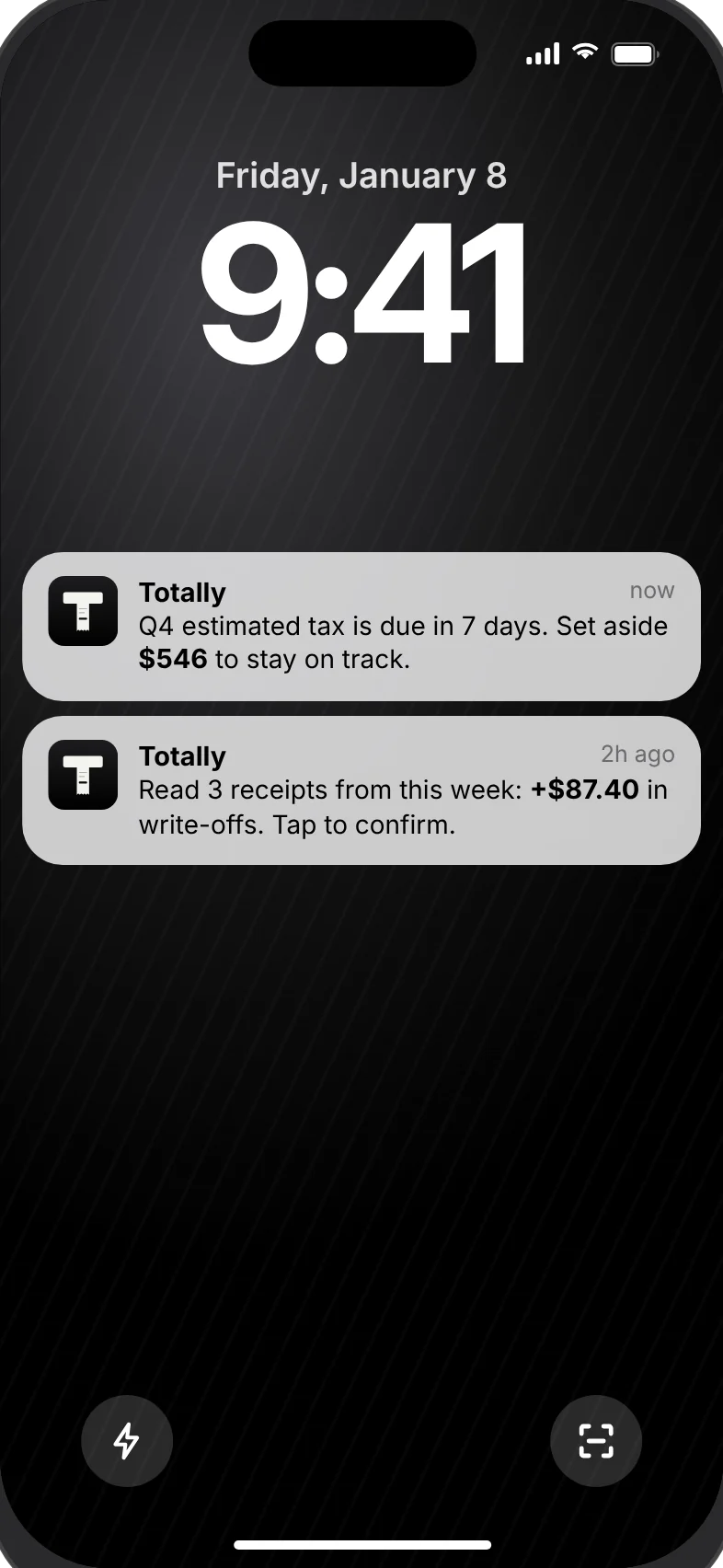 Lock Screen reminder: Q4 estimated tax is due in 7 days, set aside $546